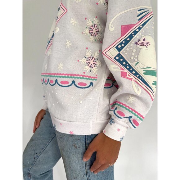 90s vintage seal animal snowy winter holiday graphic cotton pullover sweatshirt - Picture 9 of 10